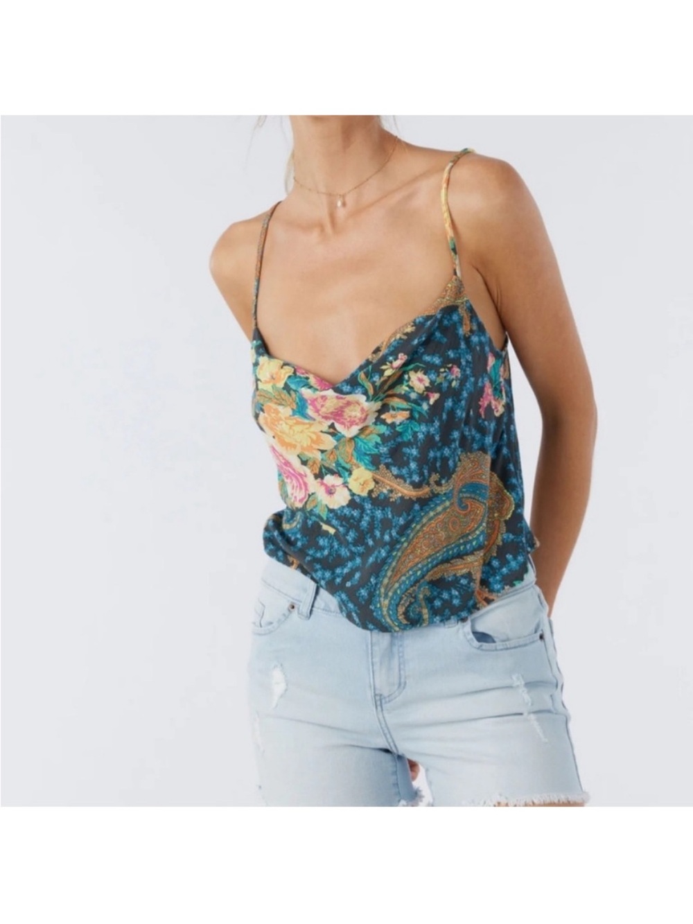 O'Neill Teal Paisley Floral Satin Cowl Neck Cami